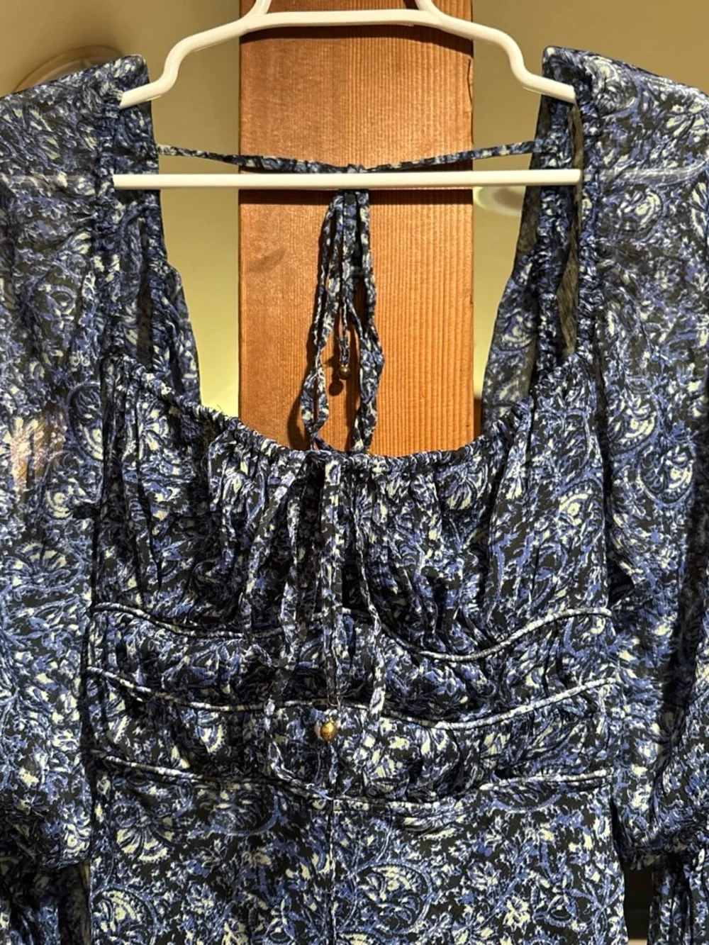 Women's Free People Navy Floral Midi Dress with Sheer Puff Sleeves